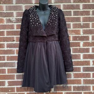 RYU Jacket Womens Medium Black whimsical Rosette Ruffle Bodices Elegant Classic